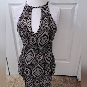 Iris Bodycon Halter Holiday Dress With Sequin Glitter & Cutouts Front & Back